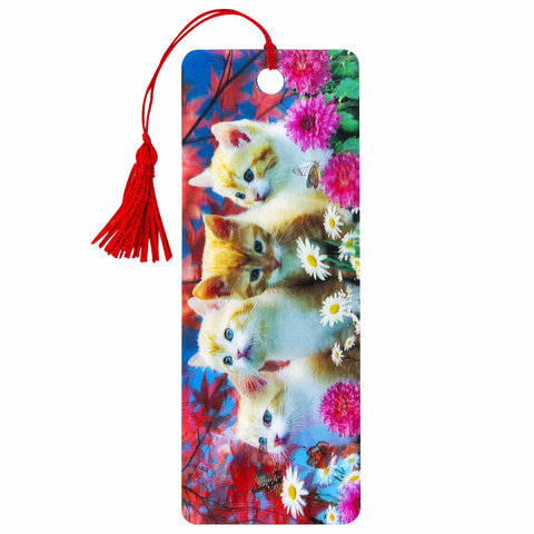 Закладка для книг с линейкой 3D ОБЪЕМНАЯ BRAUBERG, "Котята", с декоративным шнурком-завязкой, 125762