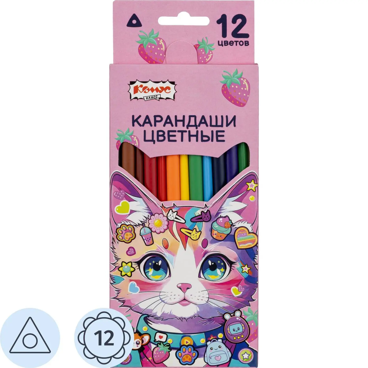 Карандаши цветные Комус Класс Kitty stickers 12 цв, 3мм, трехгранные, дер, 1956098К