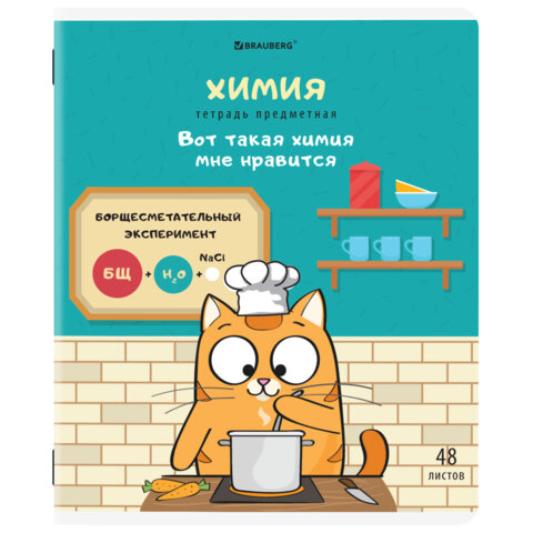 Тетрадь предметная "КОТ-ЭНТУЗИАСТ" 48 л., TWIN-лак, ХИМИЯ, клетка, подсказ, BRAUBERG, 404567