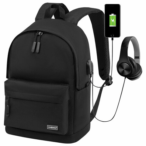 Рюкзак HEIKKI ACTIVE (ХЕЙКИ) универсальный, отделение для ноутбука, USB-порт, черный, 44х31х14 см, 272560
