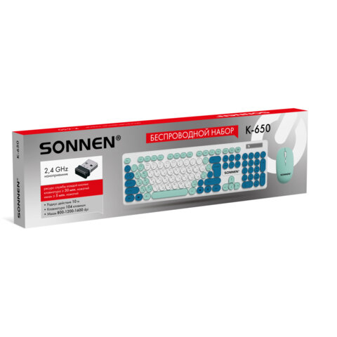 Набор беспроводной: клавиатура 104 клавиши, мышь 4 кнопки, SONNEN K-650, белый/мятный/бирюзовый, 513953