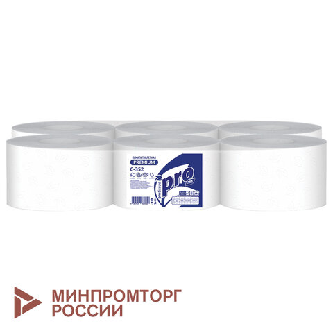 Бумага туалетная 215 м с центральной вытяжкой PROtissue (T8) PREMIUM, 2-слойная, белая, КОМПЛЕКТ 6 шт., С352