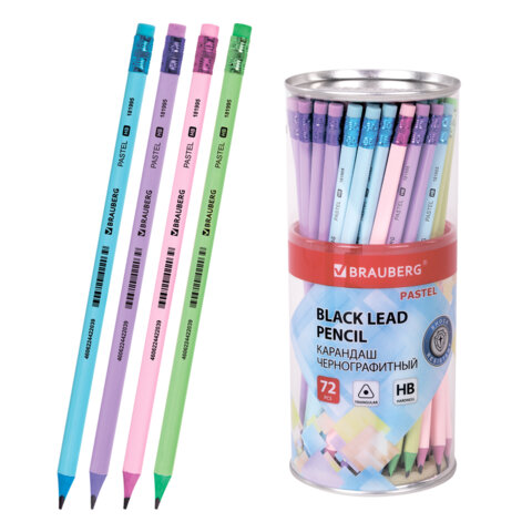 Карандаш чернографитный BRAUBERG "PASTEL", 1 шт., HB, трехгранный, с ластиком, 181995