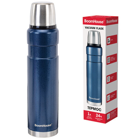Термос 1 л, BOOMHOUSE (БУМХАУС) DARKBLUE, нержавеющая сталь SUS304, молотковая эмаль, крышка/кружка, синий, 700310