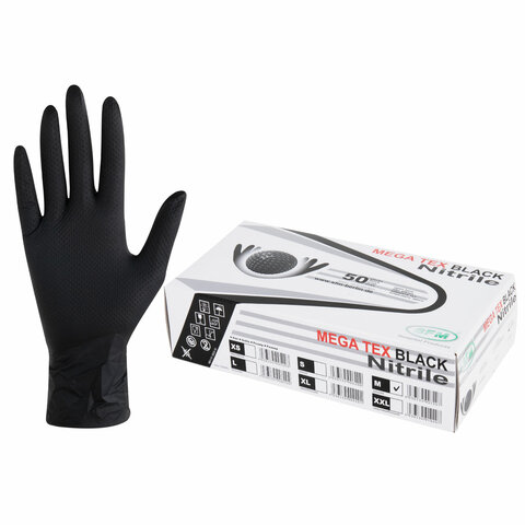 Перчатки нитриловые сверхпрочные с текстурой SFM MEGA TEX BLACK, Германия, 25 пар (50 штук), размер 7-8 (средний)
