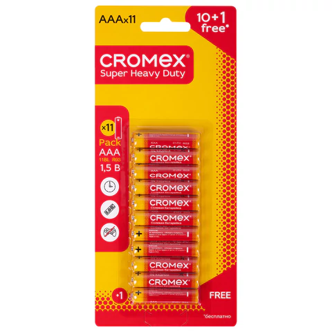 Батарейки солевые "мизинчиковые" КОМПЛЕКТ 10+1 шт., CROMEX (КРОМЕКС) Super Heavy Duty, AAA (R03, 24A), блистер, 456257