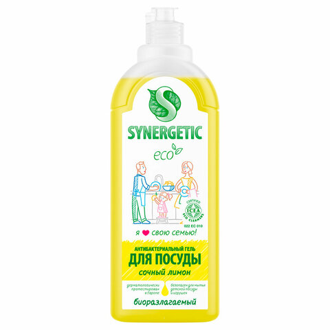 Гель для мытья посуды антибактериальный 1 л, SYNERGETIC "Лимон", флип-топ, 103101