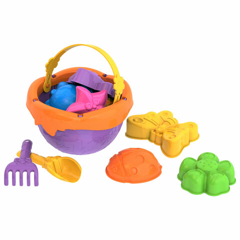 Набор для игр в песке: ведерко, совочек, грабельки, 7 формочек "Ассорти", НОРДПЛАСТ, 431697