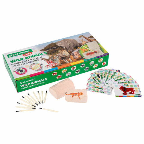 Набор для раскопок "Дикие животные", 12 видов, карточки, инструменты, BRAUBERG KIDS, 665128