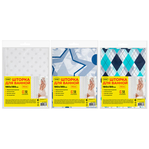 Шторка для ванной PEVA, 180х180 см, кольца в комплекте, 3 дизайна ассорти, УЗОРЫ, WBZ (ВБЗ), 700068