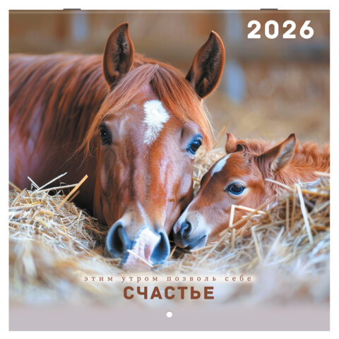 Календарь настенный перекидной 2026 г., BRAUBERG, 12 листов, 28,5х28,5 см, "Благородные лошади", 116932