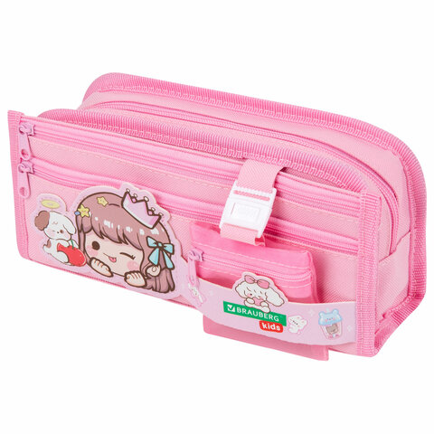 Пенал мягкий BRAUBERG KIDS, 3 отделения, кармашек на карабине, полиэстер, "Sweet friends", 22х10х7 см, 273558