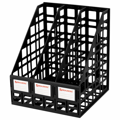 Лоток вертикальный для бумаг BRAUBERG "ULTRA", 240 мм, 3 отделения, сетчатый, сборный, черный, 238249