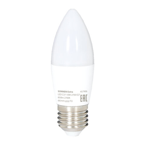 Лампа светодиодная SONNEN EXTRA, 10 (85) Вт, Е27, свеча, теплый белый, 30000 ч, LED C37-10W-2700-Е27, 457906