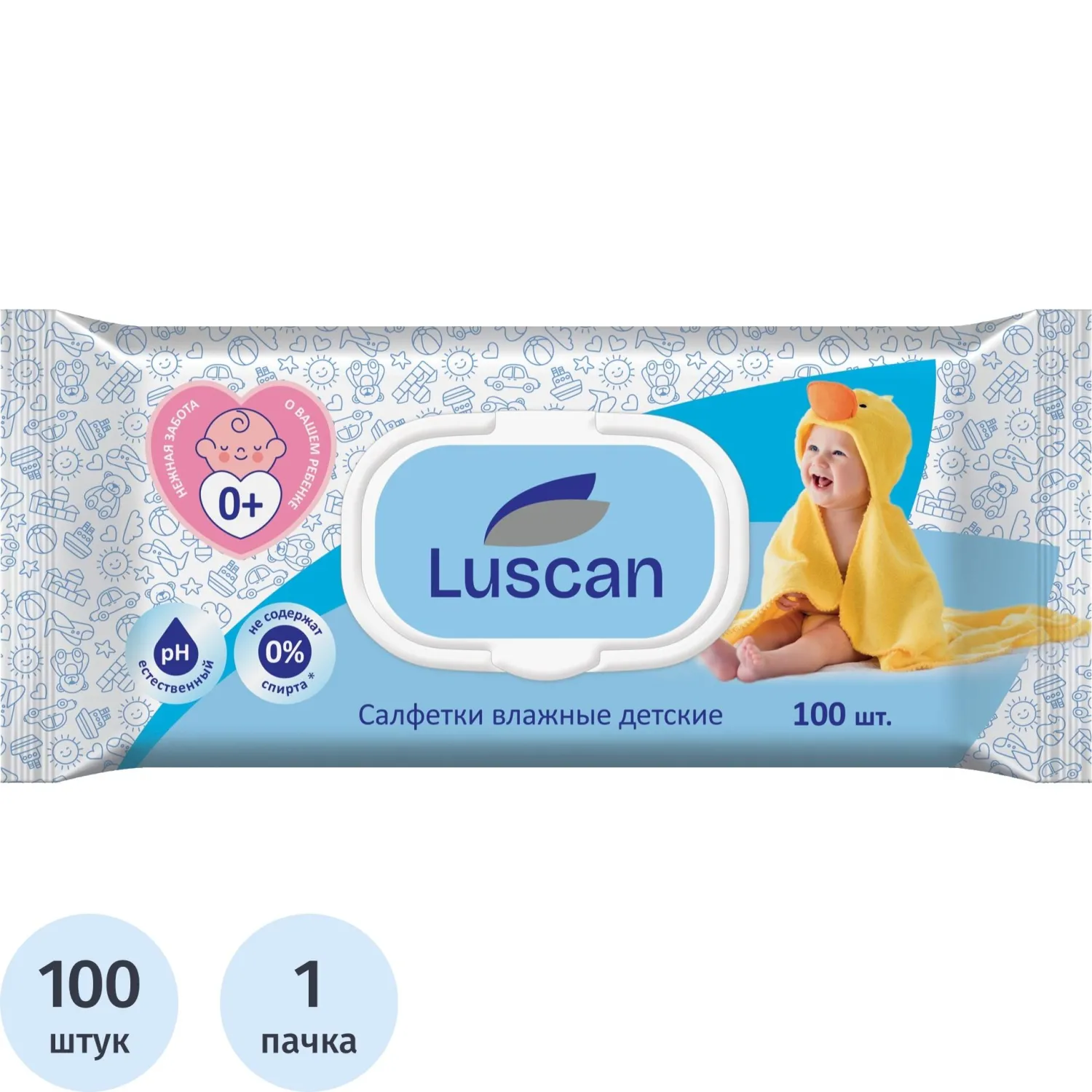 Салфетки влажные Luscan  детские 100 шт с крышкой, 1027669К