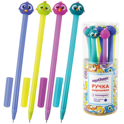 Ручка с топпером шариковая ЮНЛАНДИЯ "Птенец", корпус ассорти, СИНЯЯ, пишущий узел 0,7 мм, 143811