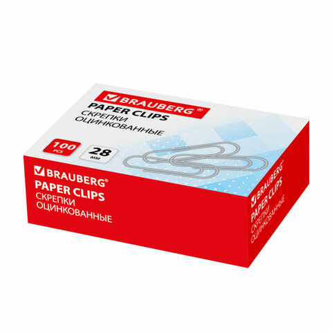 Скрепки BRAUBERG, 28 мм, оцинкованные, 100 шт., в картонной коробке, 227583