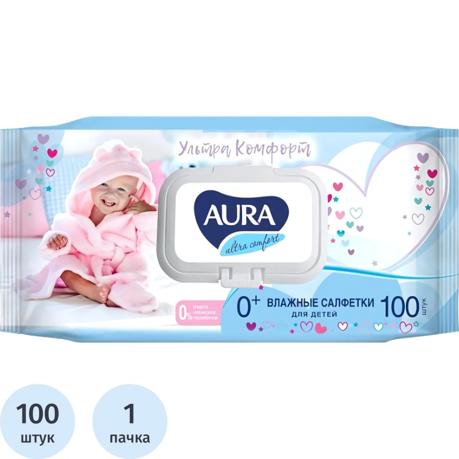 Салфетки влажные AURA для детей ULTRA COMFORT 100шт. с крышкой, 509996К