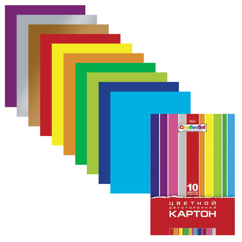 Картон цветной А4 2-сторонний МЕЛОВАННЫЙ, 10 листов 10 цветов, папка, HATBER, 195х280 мм, "Creative Set", 032441, 10Кц4_05934