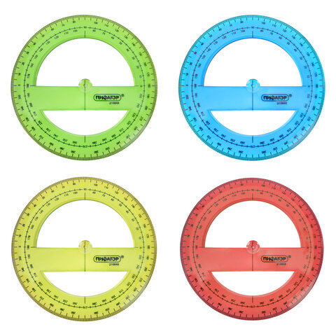 Транспортир пластиковый 10 см, 360 градусов, ПИФАГОР, прозрачный, неоновый, ассорти, 210848