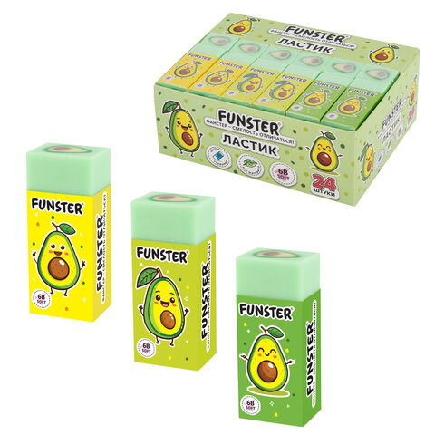 Ластик FUNSTER (ФАНСТЕР) "AVOCADO", 50х21х16 мм, прямоугольный, картонный держатель, экологичный ПВХ, ассорти, 272723