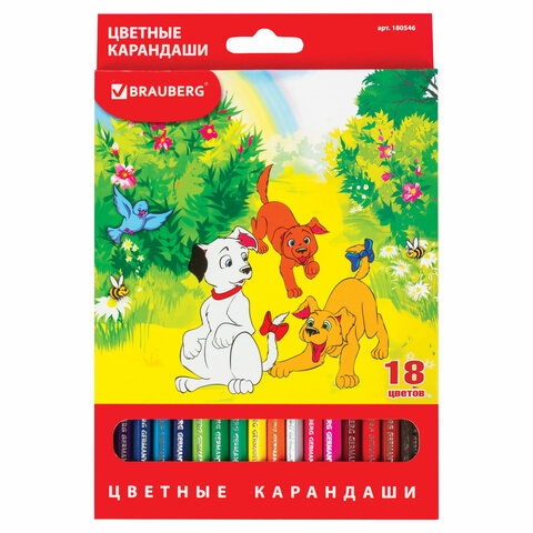Карандаши цветные BRAUBERG "My lovely dogs", 18 цветов, шестигранные, грифель 3 мм, натуральное дерево, 180546