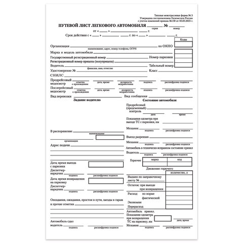 Бланк бухгалтерский, офсет, "Путевой лист легкового автомобиля", А5 (135х195 мм), СПАЙКА 100 шт., STAFF, 130133