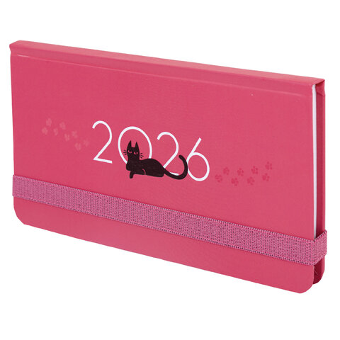 Еженедельник датированный 2026 с резинкой 171х93 мм, BRAUBERG, твердый, УФ-ЛАК, 64 л., "Кот", 117349