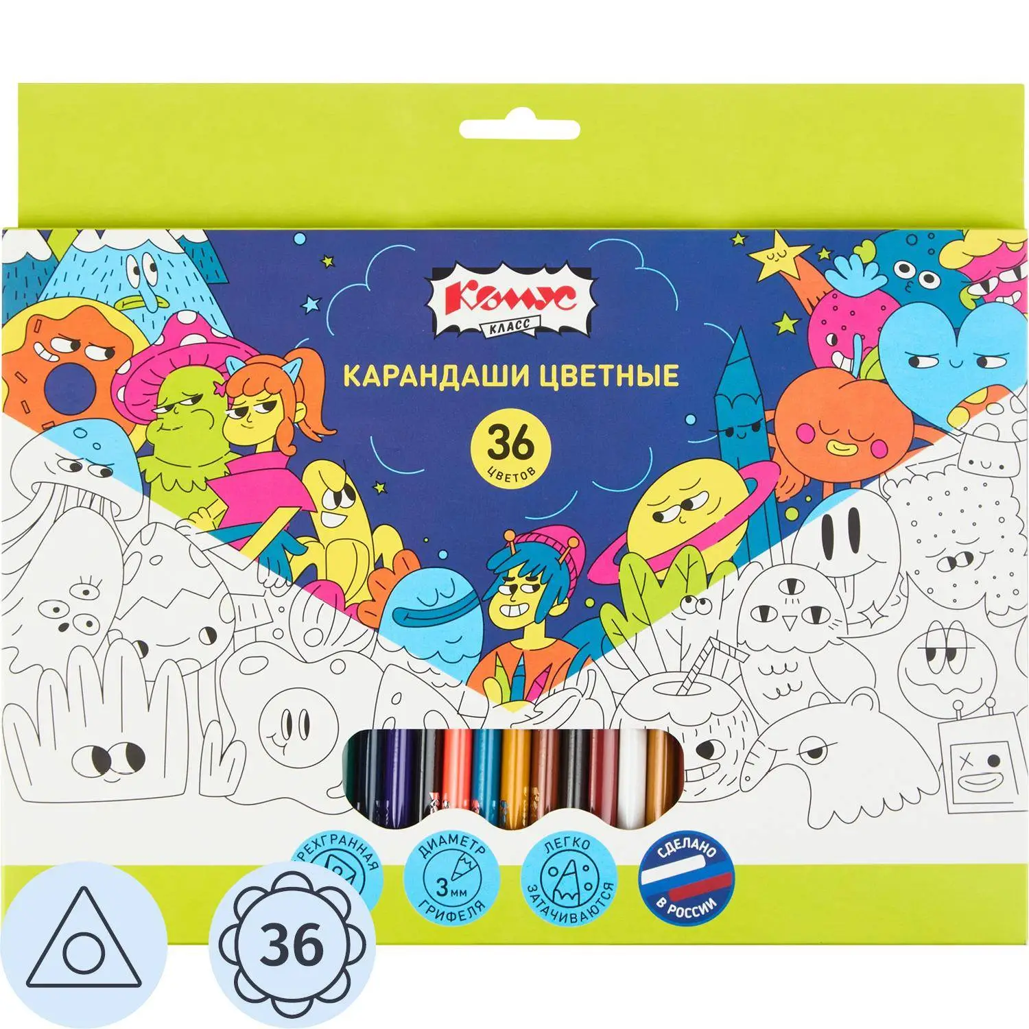 Карандаши цветные 36 цв/наб, 3-гранные Комус Класс Максики классические