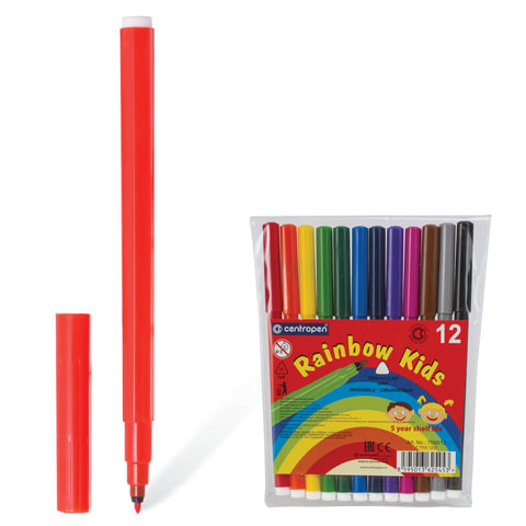 Фломастеры 12 ЦВЕТОВ CENTROPEN "Rainbow Kids", круглые, смываемые, вентилируемый колпачок, 7550/12ET, 775501202