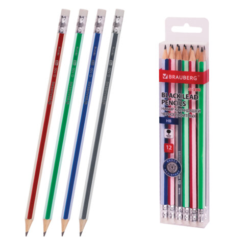 Набор карандашей чернографитных BRAUBERG "G-100" 12 шт., HB, с ластиком, корпус ассорти, 181716