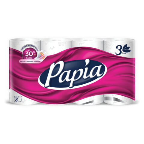 Бумага туалетная бытовая, спайка 8 шт., 3-слойная (8х16,5 м), PAPIA, 5080721
