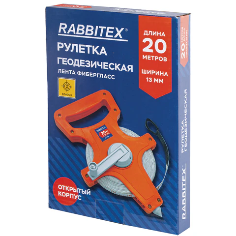 Рулетка геодезическая 20 м х 13 мм, лента фибергласс, открытый корпус, RABBITEX (РАББИТЕКС), 671366