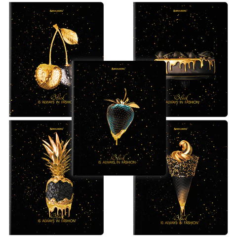 Тетрадь А5, 48 л., BRAUBERG, скоба, клетка, матовая ламинация, фольга, "Black&Gold" (микс в спайке), 404370