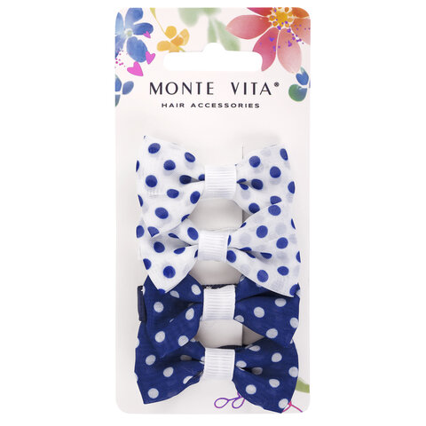Заколки для волос НАБОР 4 шт., 5х2,5 см, зажим, с бантиком, синий, белый в горошек, MONTE VITA (МОНТЕ ВИТА), 457108