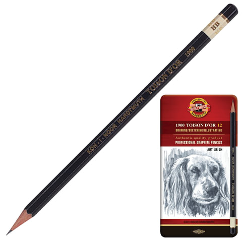 Карандаши чернографитные KOH-I-NOOR, НАБОР 12 шт., "Toison D'or", 8B-2H, без резинки, металлическая коробка, 1912012001PLRU
