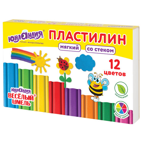 Пластилин мягкий ЮНЛАНДИЯ "ВЕСЕЛЫЙ ШМЕЛЬ", 12 цветов, 180 г, СО СТЕКОМ, 106672