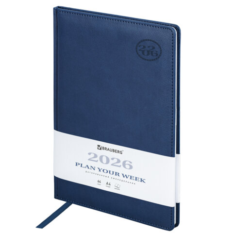 Еженедельник датированный 2026 БОЛЬШОЙ ФОРМАТ 210х297 мм, А4 BRAUBERG "Favorite", под кожу, синий, 117151