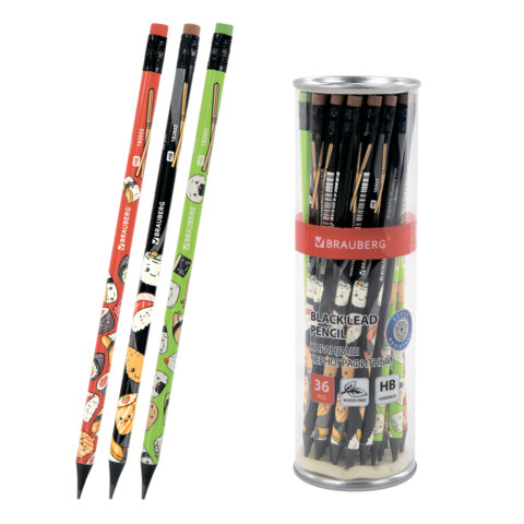 Карандаш чернографитный с принтом BRAUBERG "JAPAN FOOD", 1 шт., HB, с ластиком, корпус ассорти, 182022