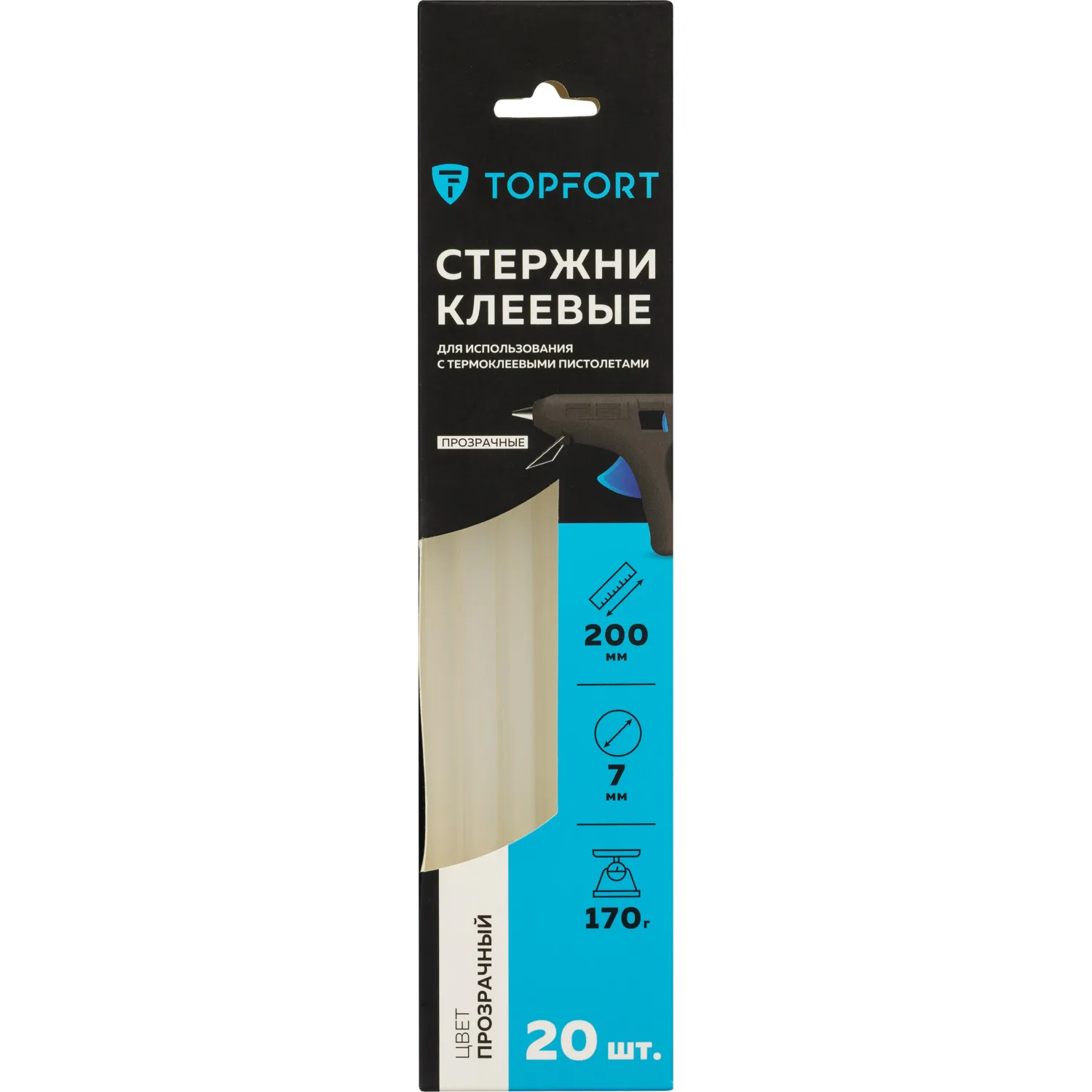 Стержни клеевые прозрачные 7x200, упаковка 20 штук, Topfort, 2128935К