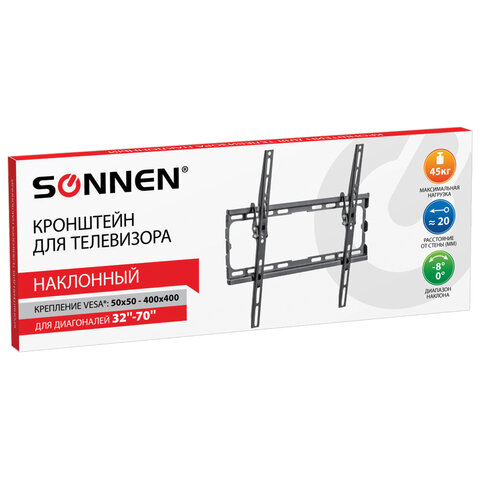 Кронштейн-крепление для ТВ настенный, до 45 кг, VESA 50х50-400х400, 32"-70", черный, SONNEN, 455949
