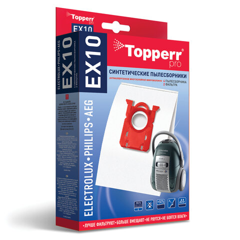 Мешок для пылесоса (пылесборник) синтетический TOPPERR EX10, ELECTROLUX, PHILIPS, КОМПЛЕКТ 4 шт., 1404
