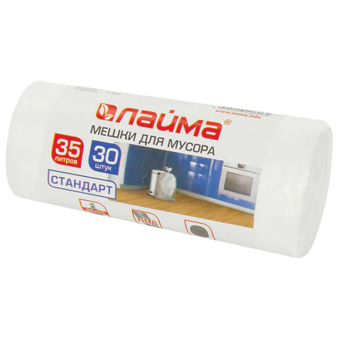 Мешки для мусора 35 л белые в рулоне 30 шт., ПНД 6 мкм, 48х55 см, LAIMA, 605538