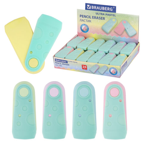 Ластик BRAUBERG "ULTRA PASTEL", 57х24х15 мм, пастельные цвета ассорти, бирюзовый пластиковый держатель, 272688