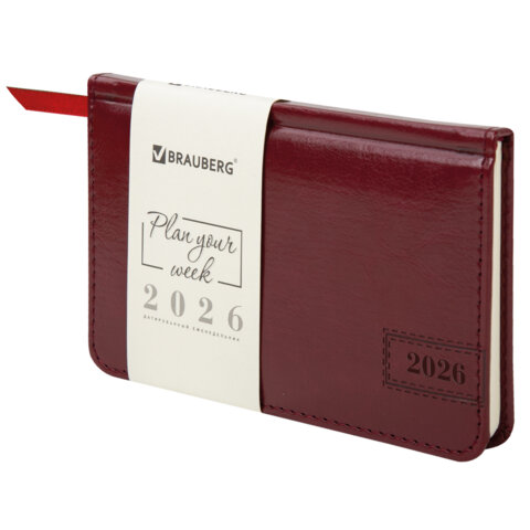 Еженедельник датированный 2026, МАЛЫЙ ФОРМАТ 95х155 мм, А6, BRAUBERG "Imperial", под кожу, бордо, 117188