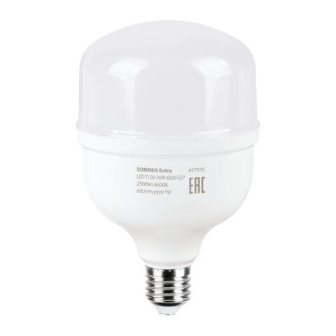 Лампа светодиодная SONNEN EXTRA, 30 (250) Вт, Е27, цилиндр, холодный белый, 30000 ч, LED Т100-30W-6500-Е27, 457916