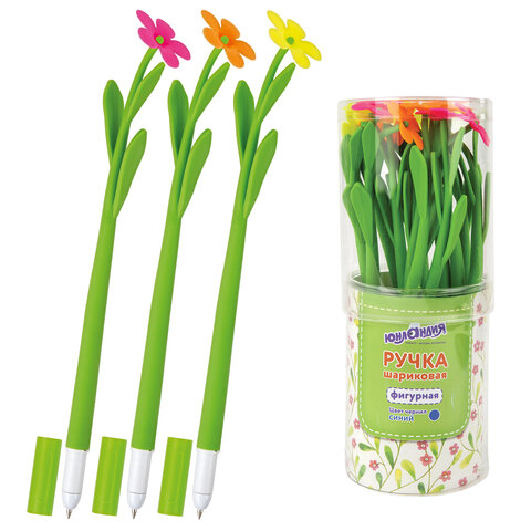 Ручка фигурная шариковая ЮНЛАНДИЯ "Цветочек", мягкий силиконовый корпус, ассорти, СИНЯЯ, пишущий узел 0,7 мм, 143779