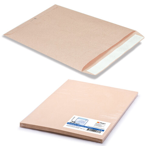 Конверт-пакеты С4 плоские (229х324 мм), до 90 листов, крафт-бумага, отрывная полоса, КОМПЛЕКТ 25 шт., 161150.25