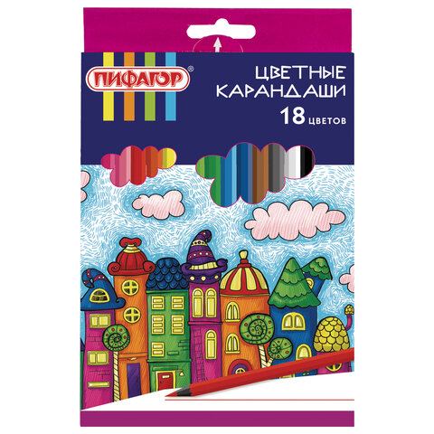 Карандаши цветные ПИФАГОР "СКАЗОЧНЫЙ ГОРОД", 18 цветов, шестигранные, 181584