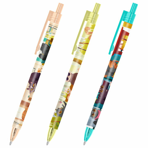 Ручка шариковая автоматическая с принтом FUNSTER "CUTE ANIMALS", корпус soft-touch, СИНЯЯ, пишущий узел 0,7 мм, линия письма 0,35 мм, 144402